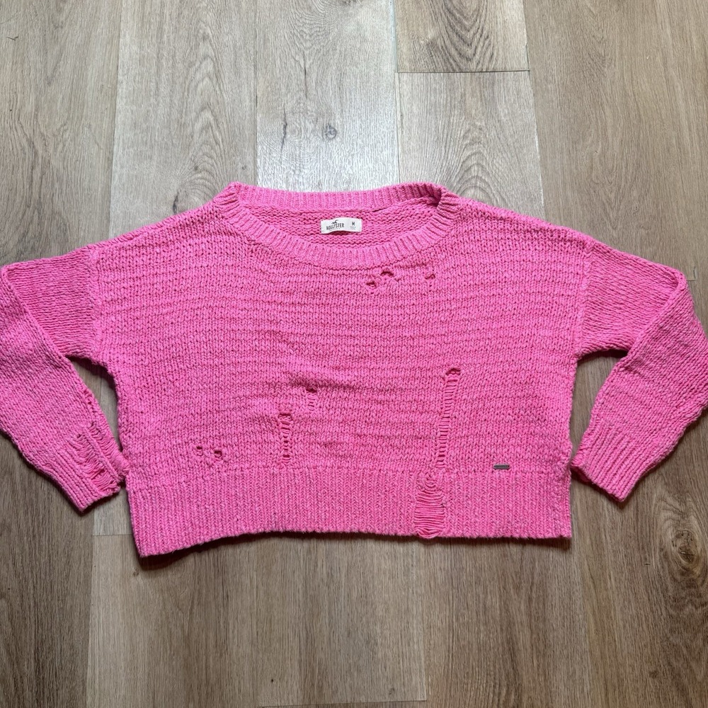 Hollister Hot Pink Distressed Oversized Women's Cute Long Sleeved‎ Sweater Sz M
